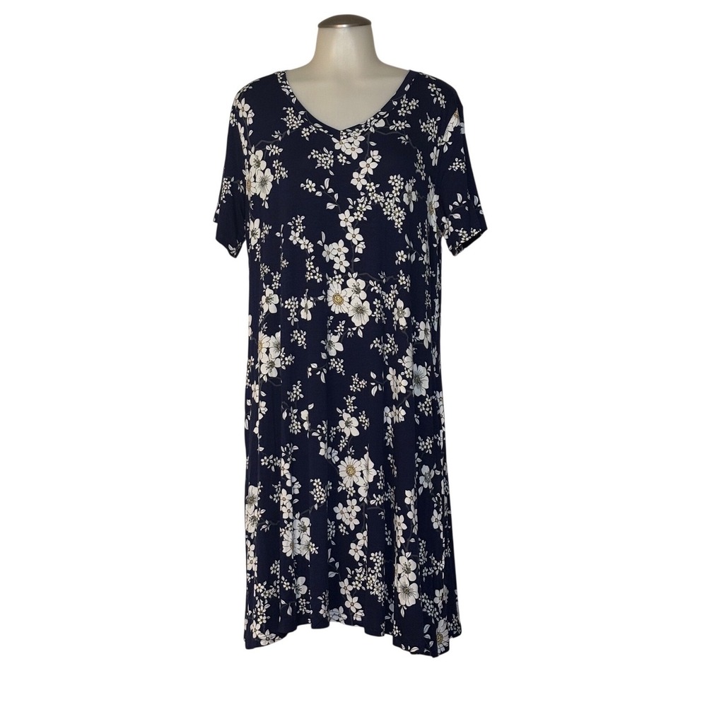 Lionstill‎ Floral Shift Dress Womens XL Navy Blue V-Neck Short Sleeve NEW